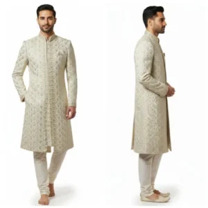 Mens White Embroidered Silk Sherwani