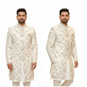 Mens White Silk Wedding Sherwani